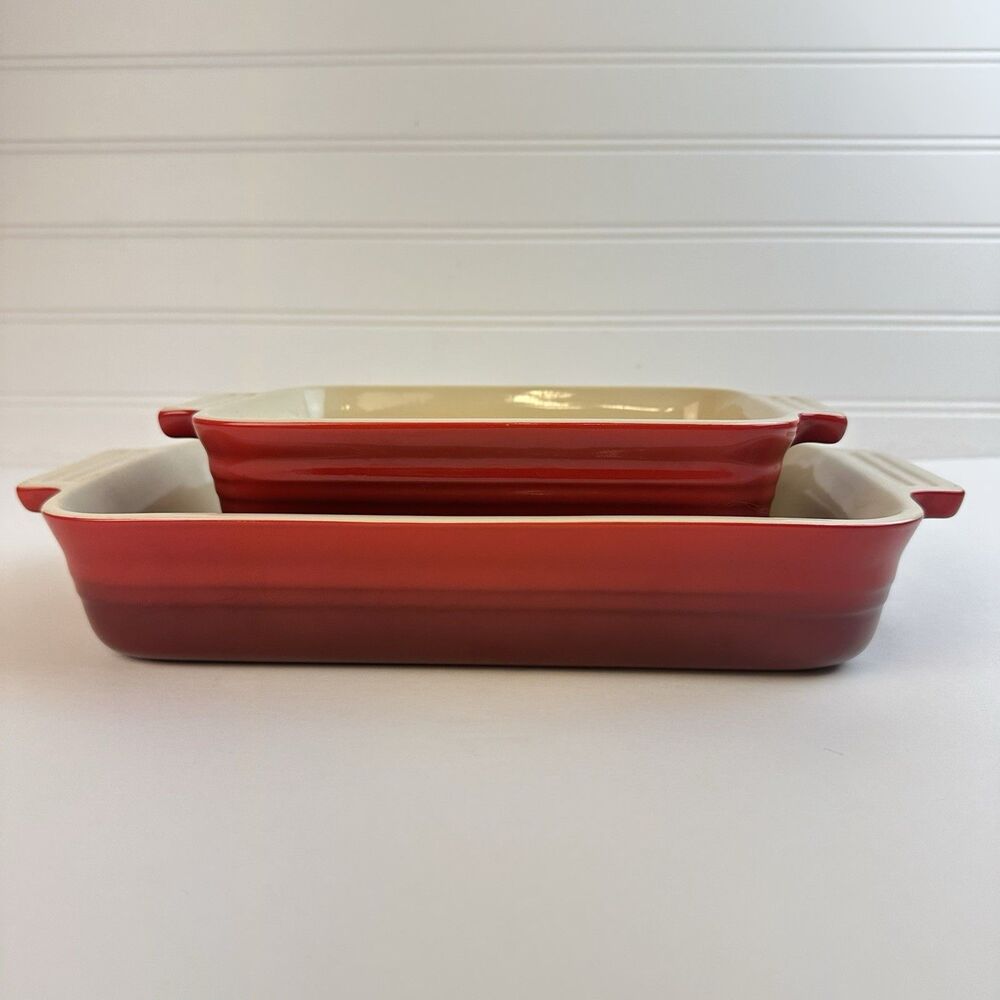 Le Creuset Set of 2 Red Ombré Stoneware Rectangular Casserole Baking Pan Dishes